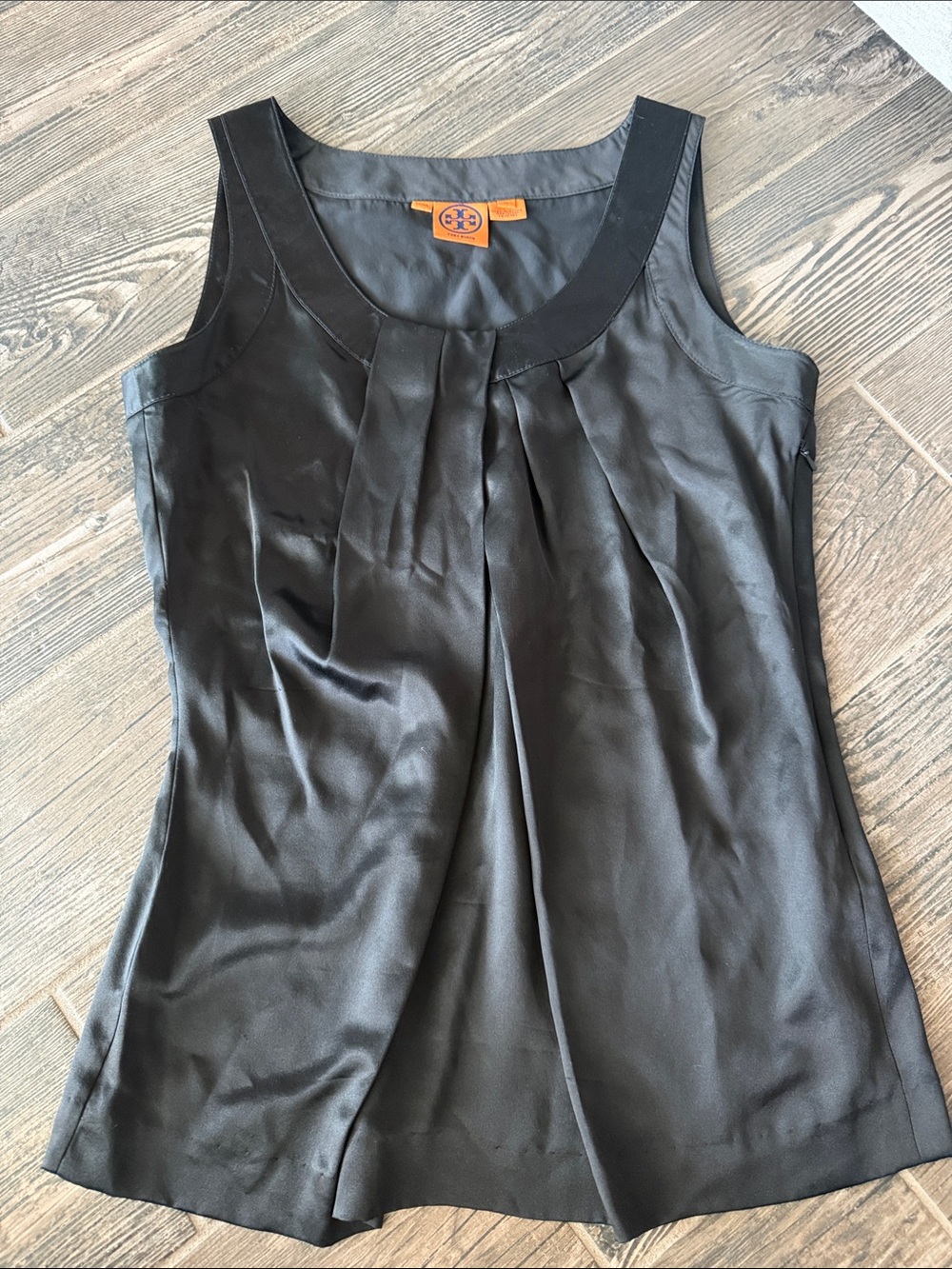 Tory Burch Black Pleated Satin-Effect Sleeveless Camisole